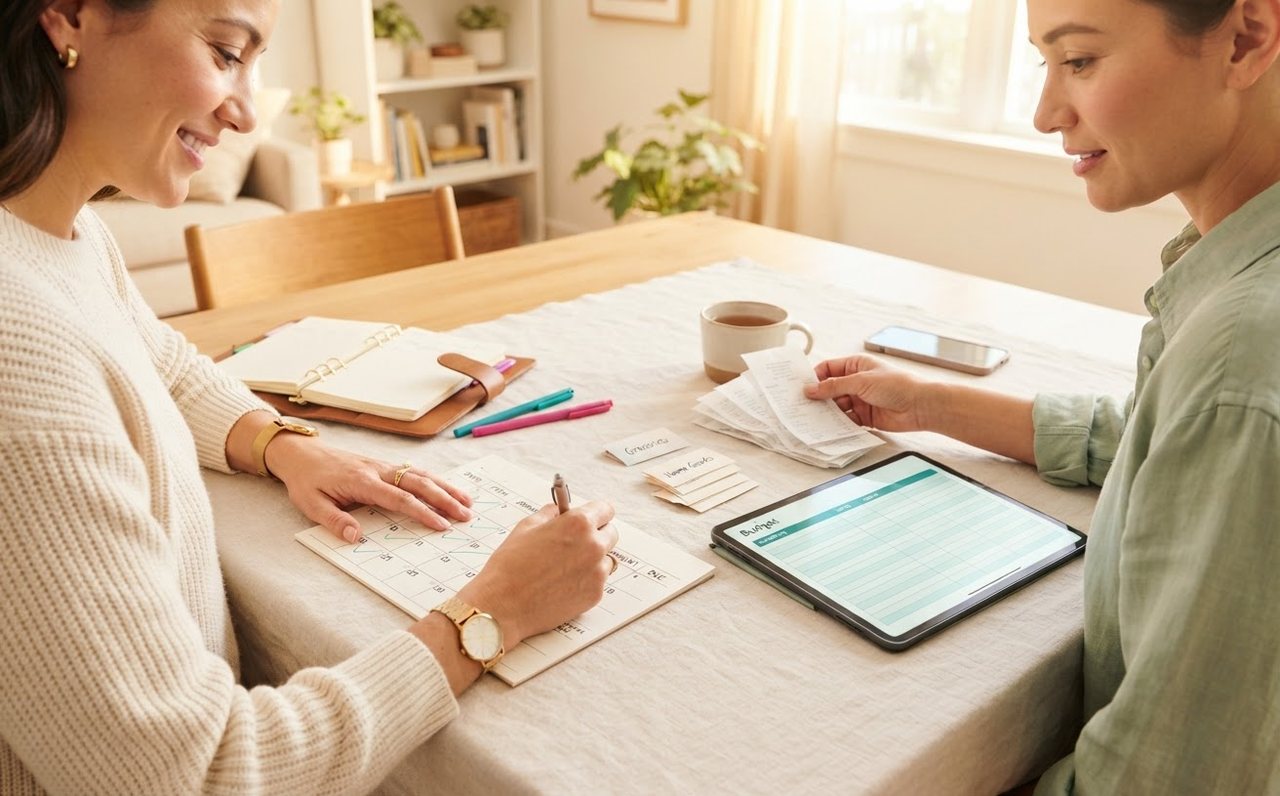 Hands organising payment dates and purchases across a home table — www.changeyourlife.money