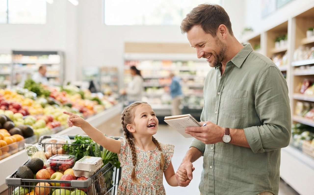 Father checking his budget while grocery shopping with his child — www.changeyourlife.money