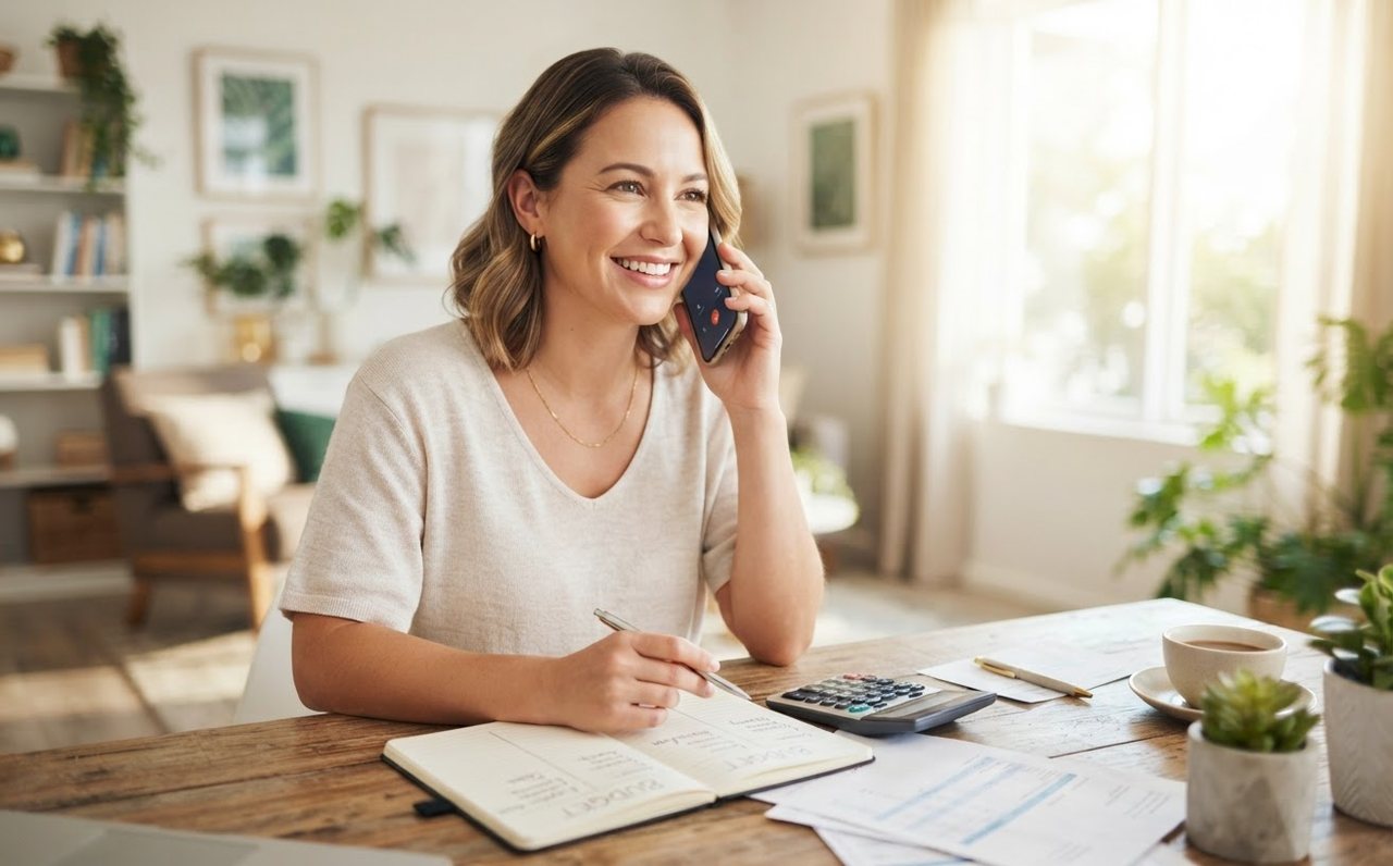 Woman seeking repayment help by phone while reviewing her budget — www.changeyourlife.money
