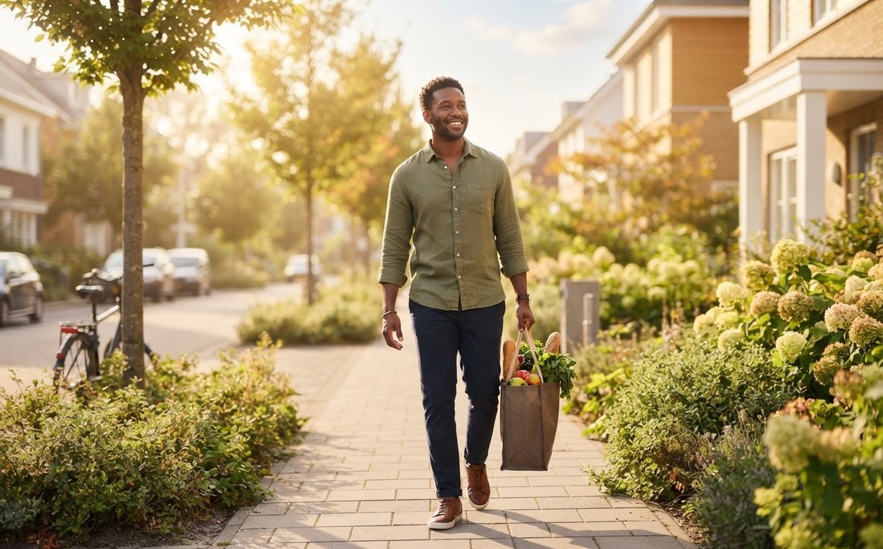 Man walking home calmly with groceries after taking control of his budget — www.changeyourlife.money
