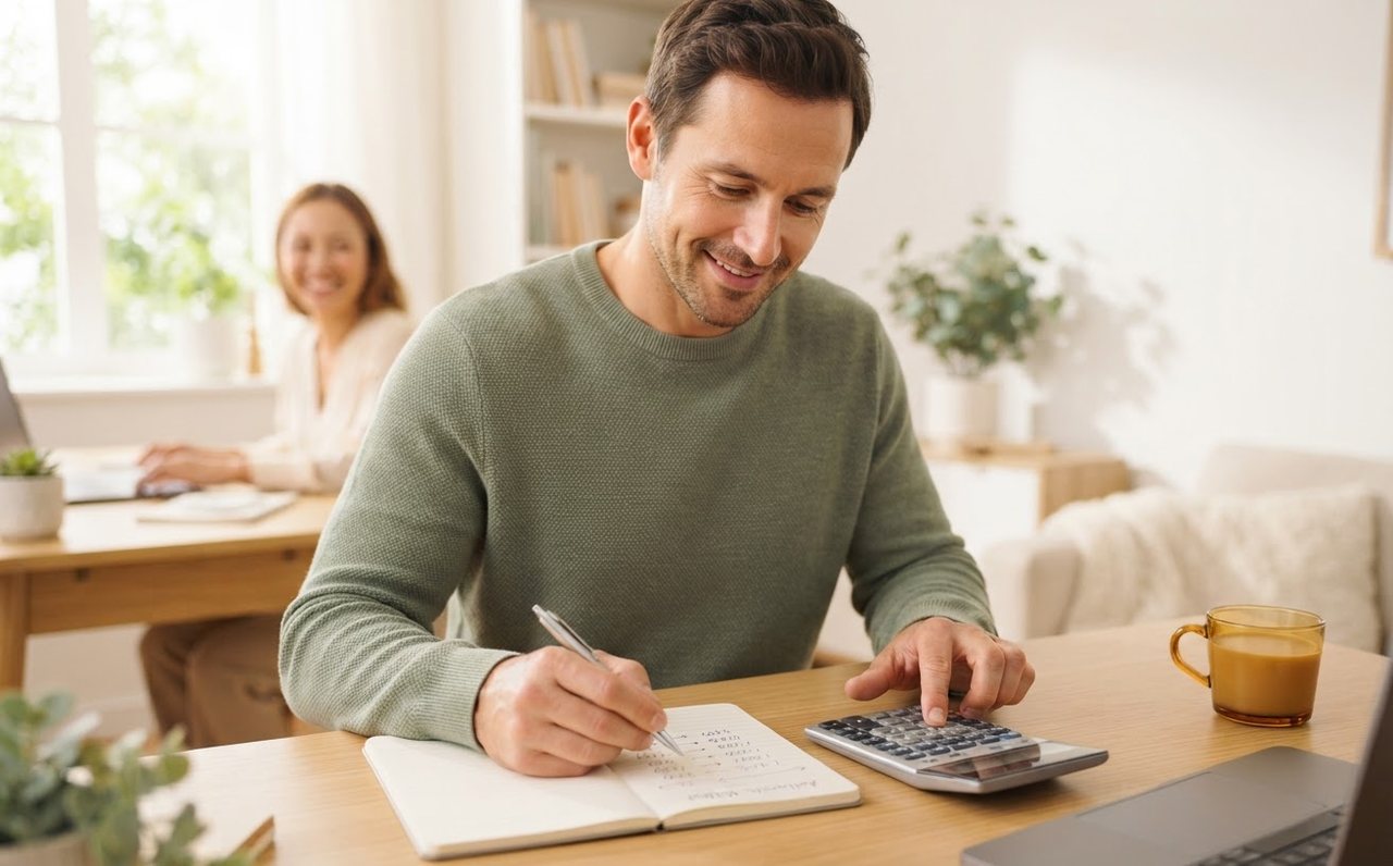 A man comparing debt interest rates with a calculator for the avalanche method — www.changeyourlife.money