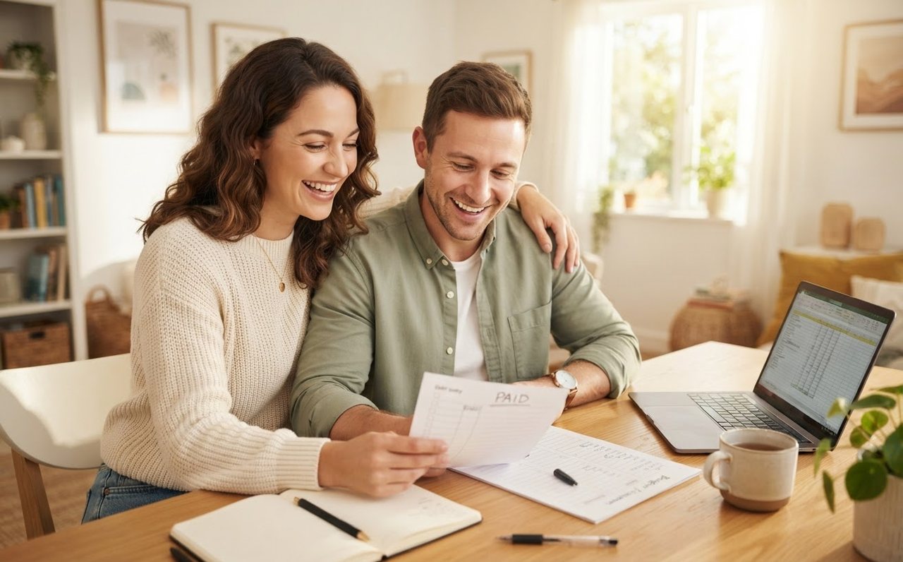 A couple celebrating the first cleared debt while continuing their repayment plan — www.changeyourlife.money