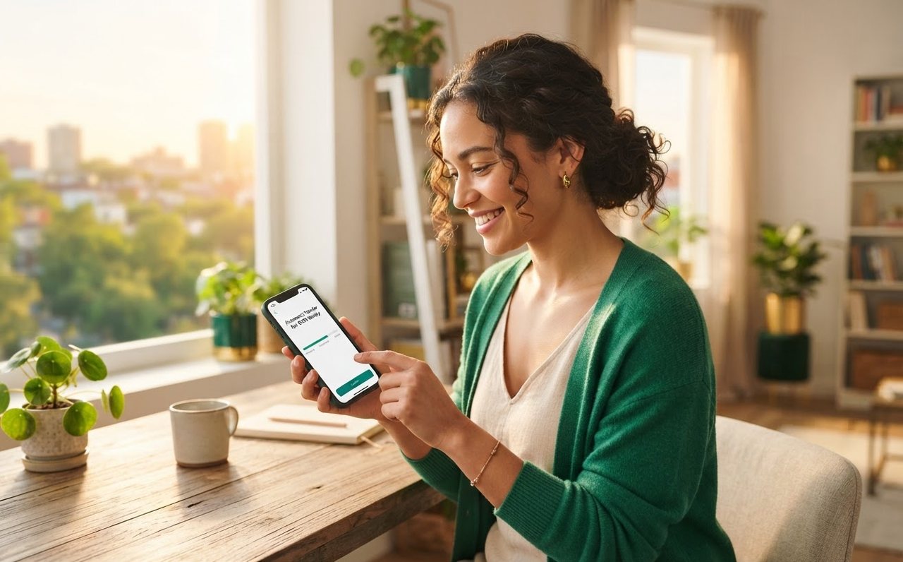 A worker setting up a small automatic investment transfer on her phone — www.changeyourlife.money