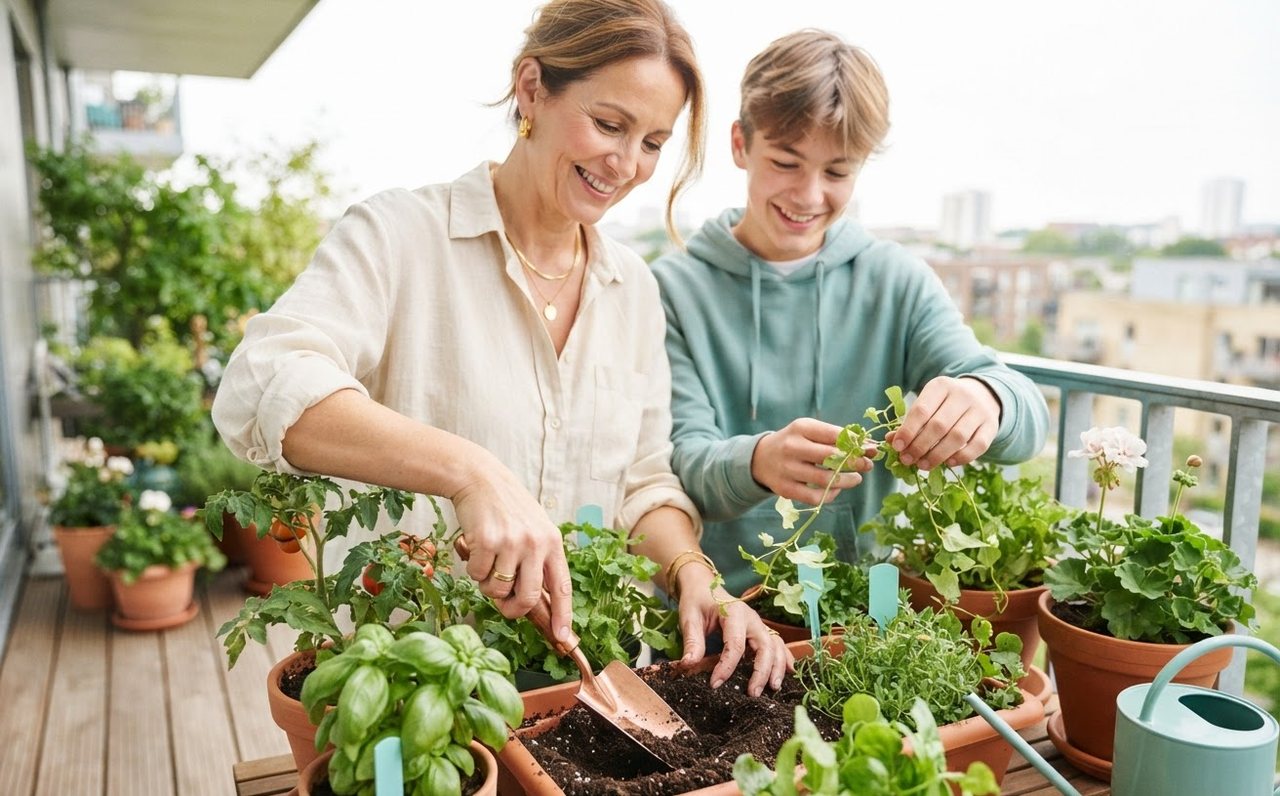 A parent and teenager tending balcony plants as a visual metaphor for patient long-term growth — www.changeyourlife.money