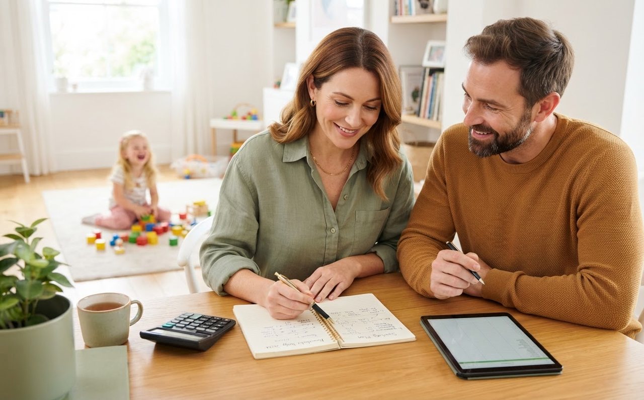 Parents calmly discuss household finances at a dining table while their child plays nearby — www.changeyourlife.money