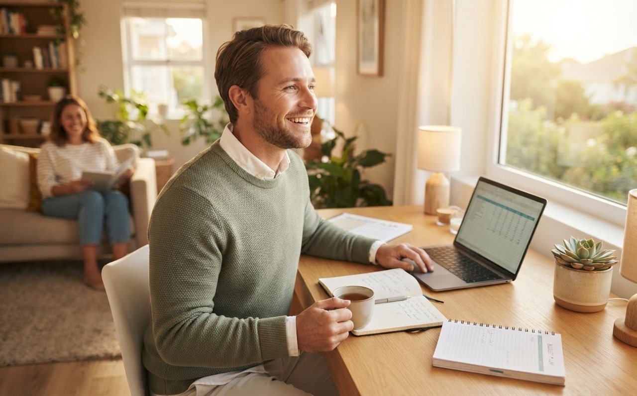 A man pauses with relief after completing a practical household money task — www.changeyourlife.money