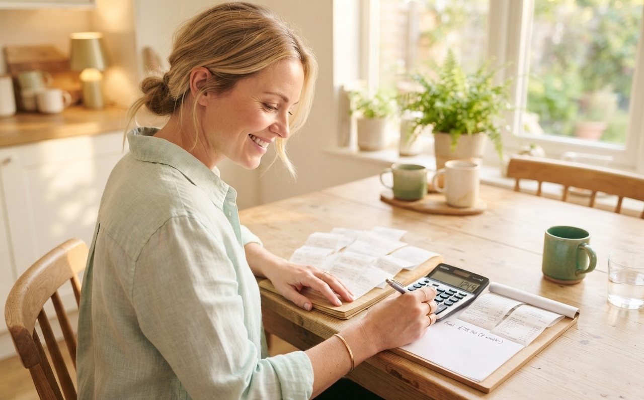 A woman calculates fuel spending with receipts and a calculator at her kitchen table — www.changeyourlife.money