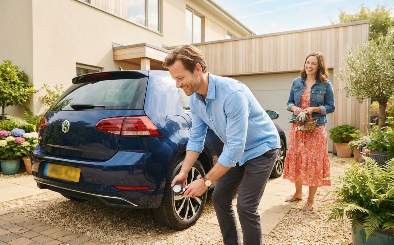 A man checks tyre pressure on his car in a driveway — www.changeyourlife.money