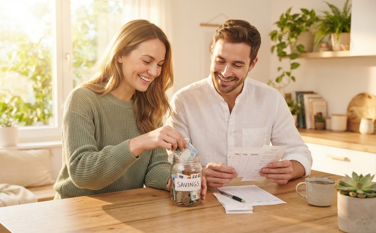 A couple puts transport savings aside at home after reviewing fuel receipts — www.changeyourlife.money
