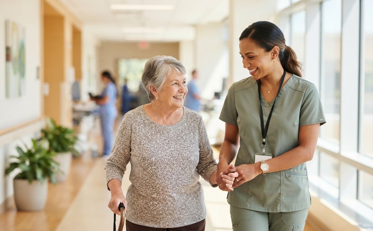 Registered nurse supporting a patient in a hospital corridor — www.changeyourlife.money