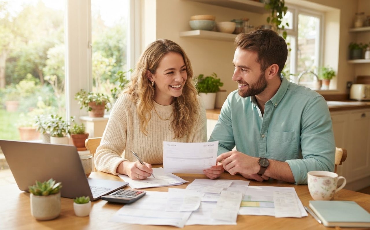 A couple reviewing household bills and receipts at their kitchen table — www.changeyourlife.money