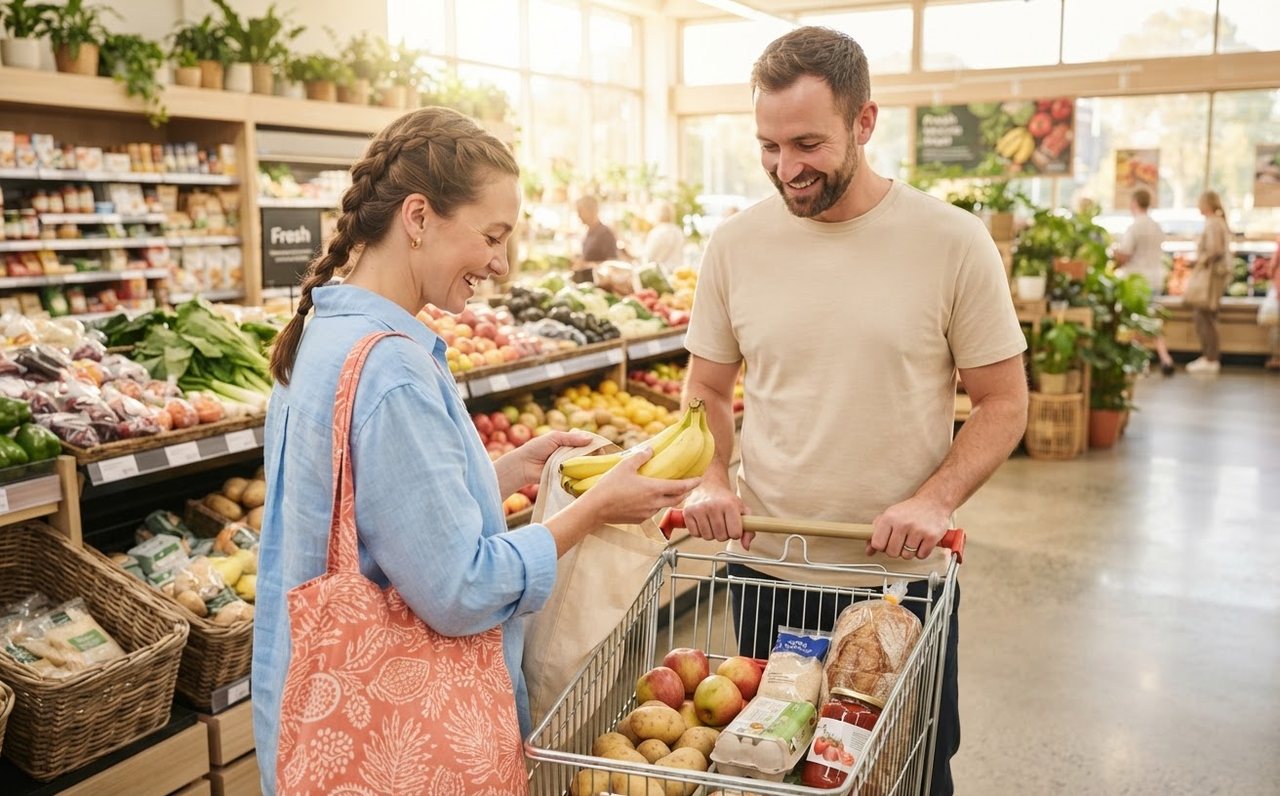 A couple choosing basic groceries carefully in a supermarket — www.changeyourlife.money