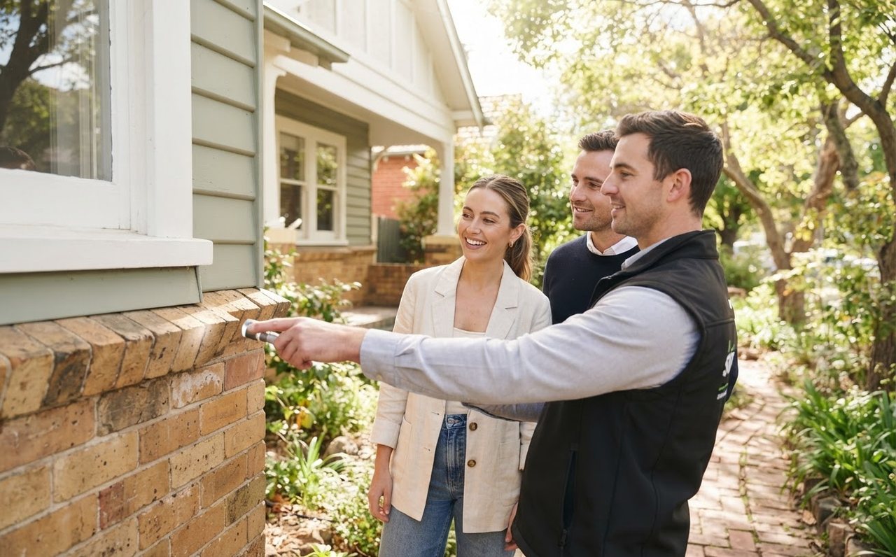 Home buyers and an inspector examine the exterior of an older house — www.changeyourlife.money