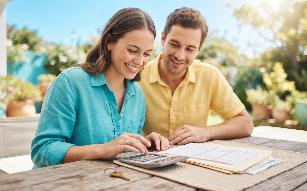 Hands use a calculator beside a house key and household cost papers — www.changeyourlife.money
