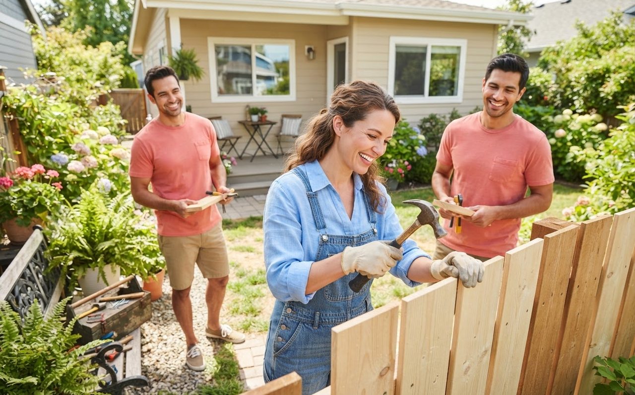 A homeowner repairs a backyard fence beside a modest house — www.changeyourlife.money