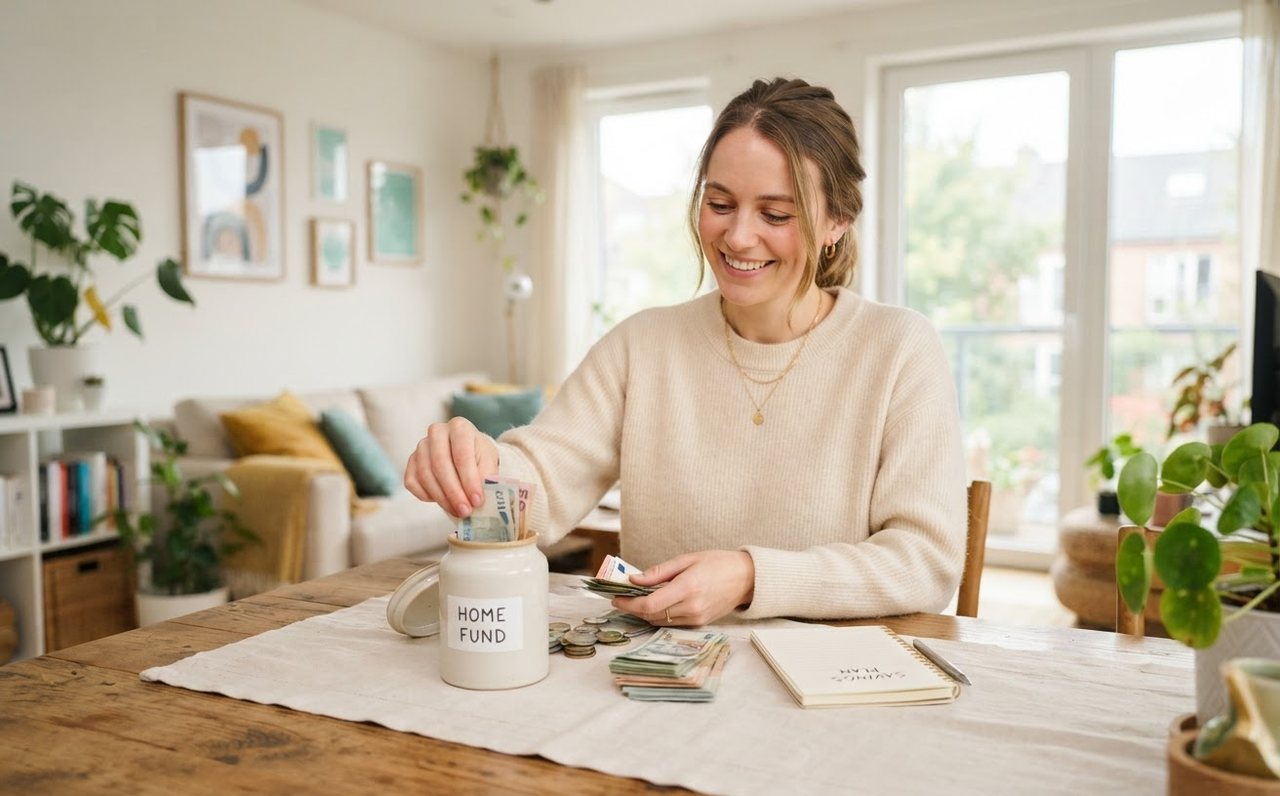 A woman sets aside savings at a dining table in her apartment — www.changeyourlife.money
