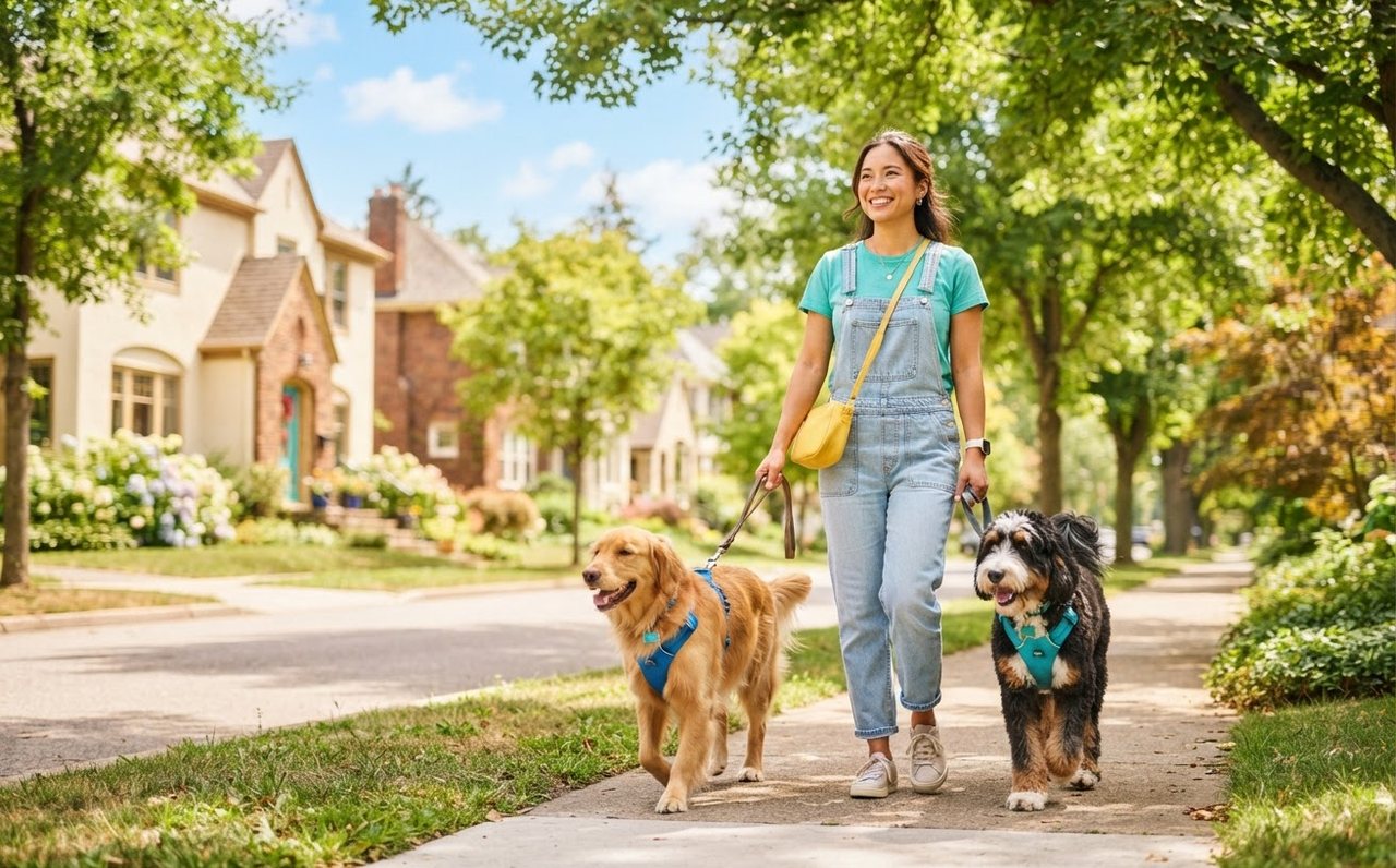 Dog walker taking two dogs through a leafy neighbourhood — www.changeyourlife.money