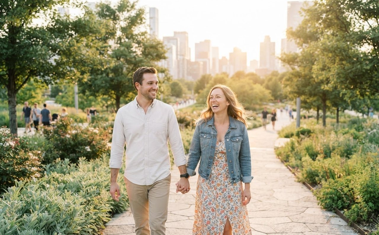 A couple taking a relaxed walk after improving their financial position — www.changeyourlife.money