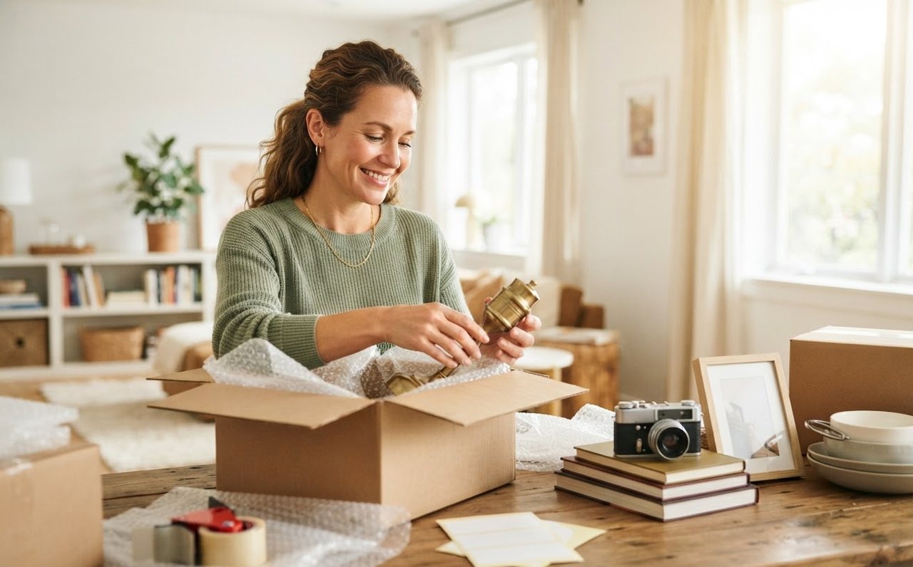 Woman preparing unused household items to sell during a debt payoff plan — www.changeyourlife.money