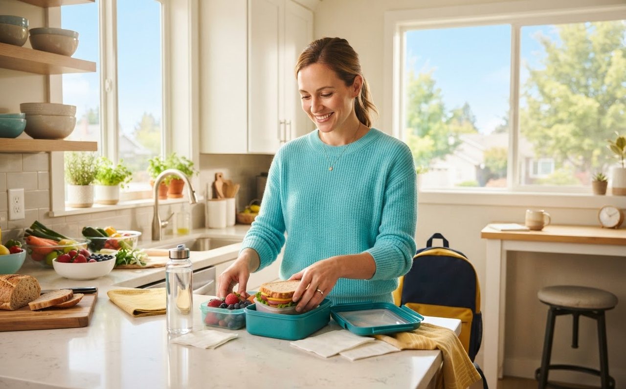 Mother preparing packed lunches and school snacks in a home kitchen — www.changeyourlife.money