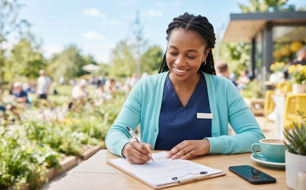 A healthcare worker documenting career achievements for a résumé — www.changeyourlife.money
