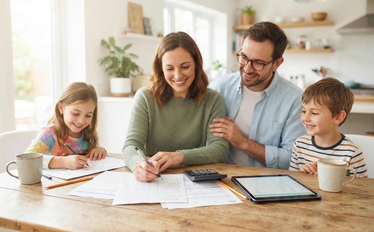 A family working through a household budget together at a dining table — www.changeyourlife.money