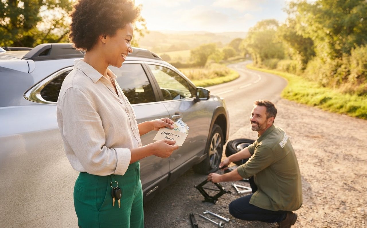 A driver deals with a flat tyre using emergency savings — www.changeyourlife.money