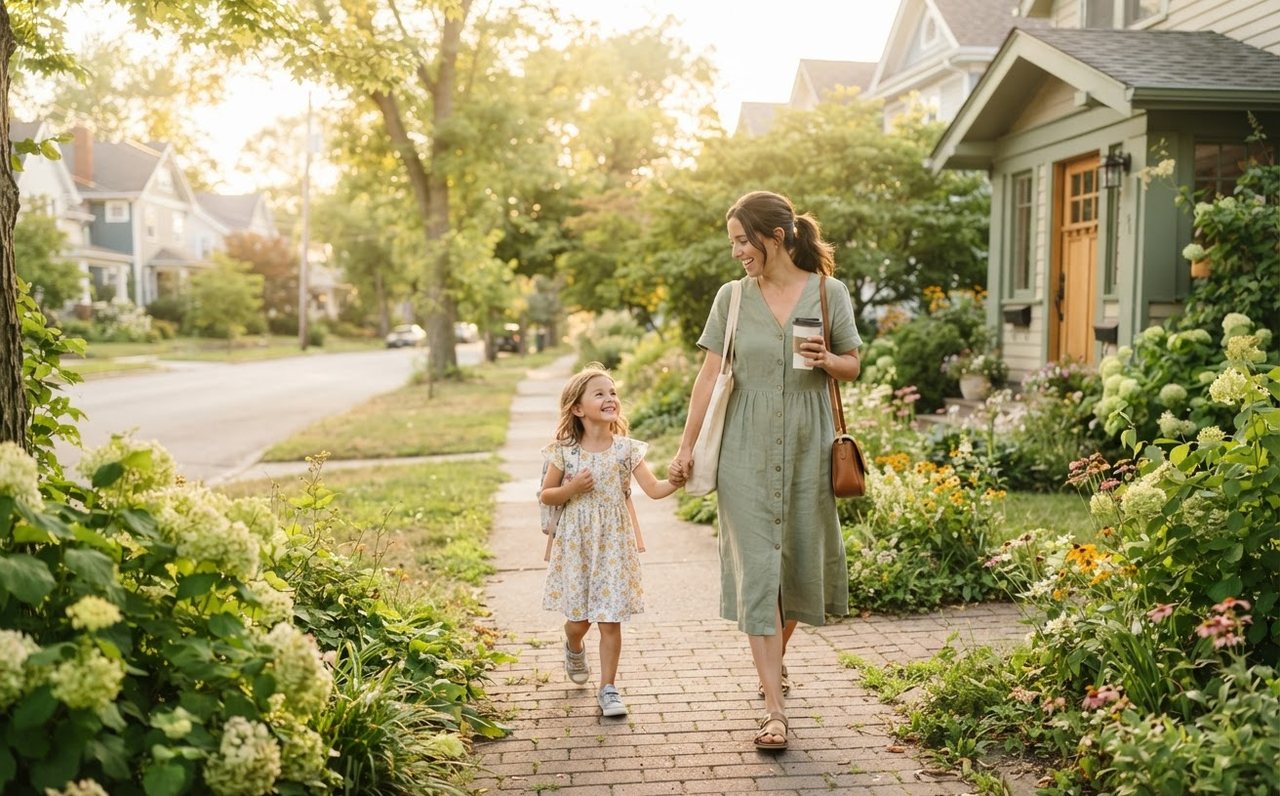 A parent walks home calmly after building financial breathing room — www.changeyourlife.money
