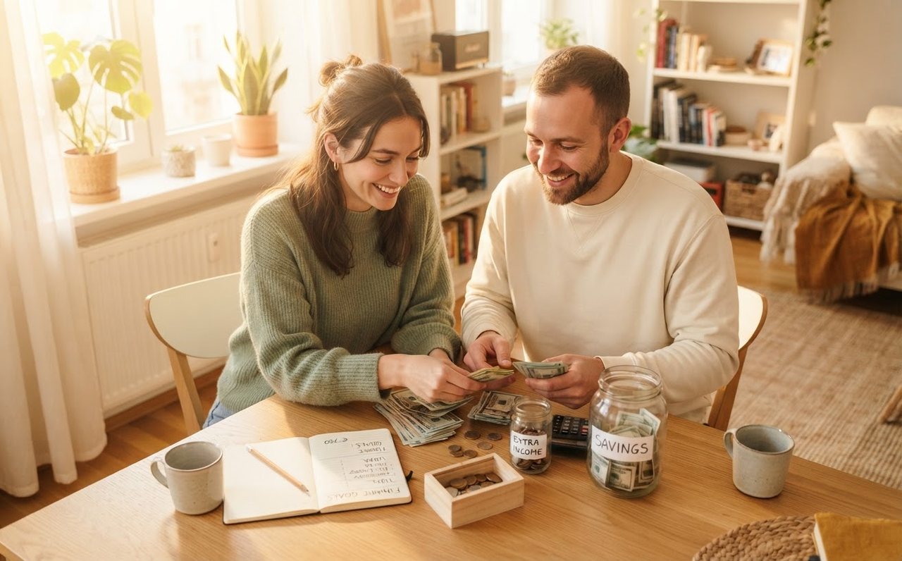 Couple building savings from extra income in a modest apartment — www.changeyourlife.money