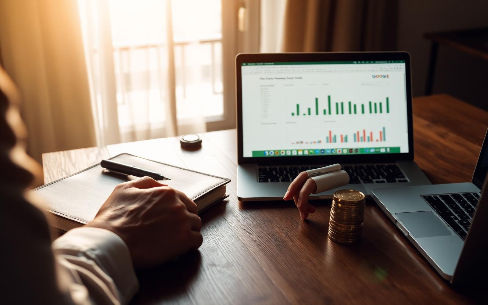 A person planning finances at a desk with a laptop showing growth charts and a stack of gold coins