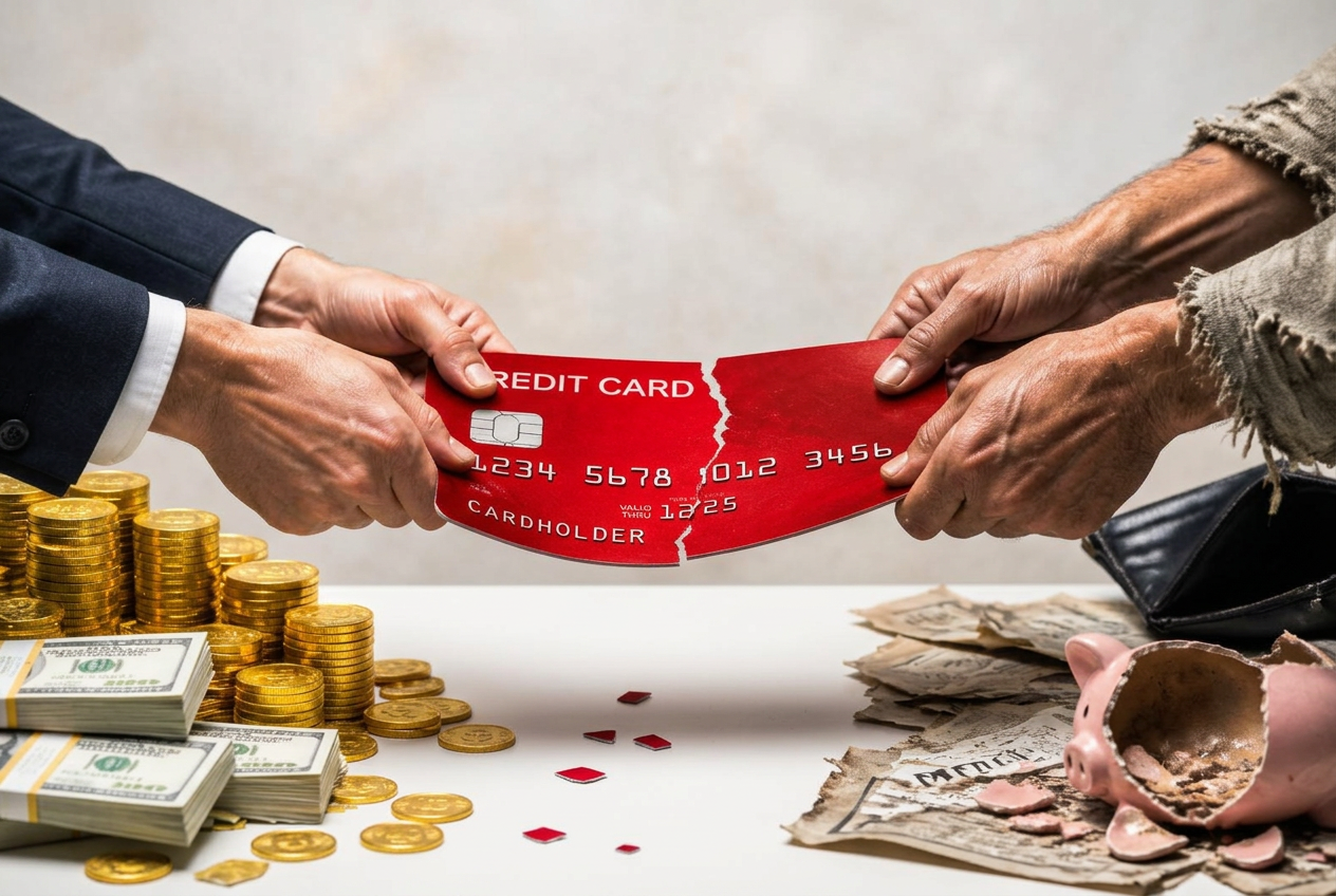 A tug-of-war over a cracking credit card between a wealthy suited hand pulling toward stacks of cash and gold coins and a worn hand dragged toward a broken piggy bank and torn bills — www.changeyourlife.money