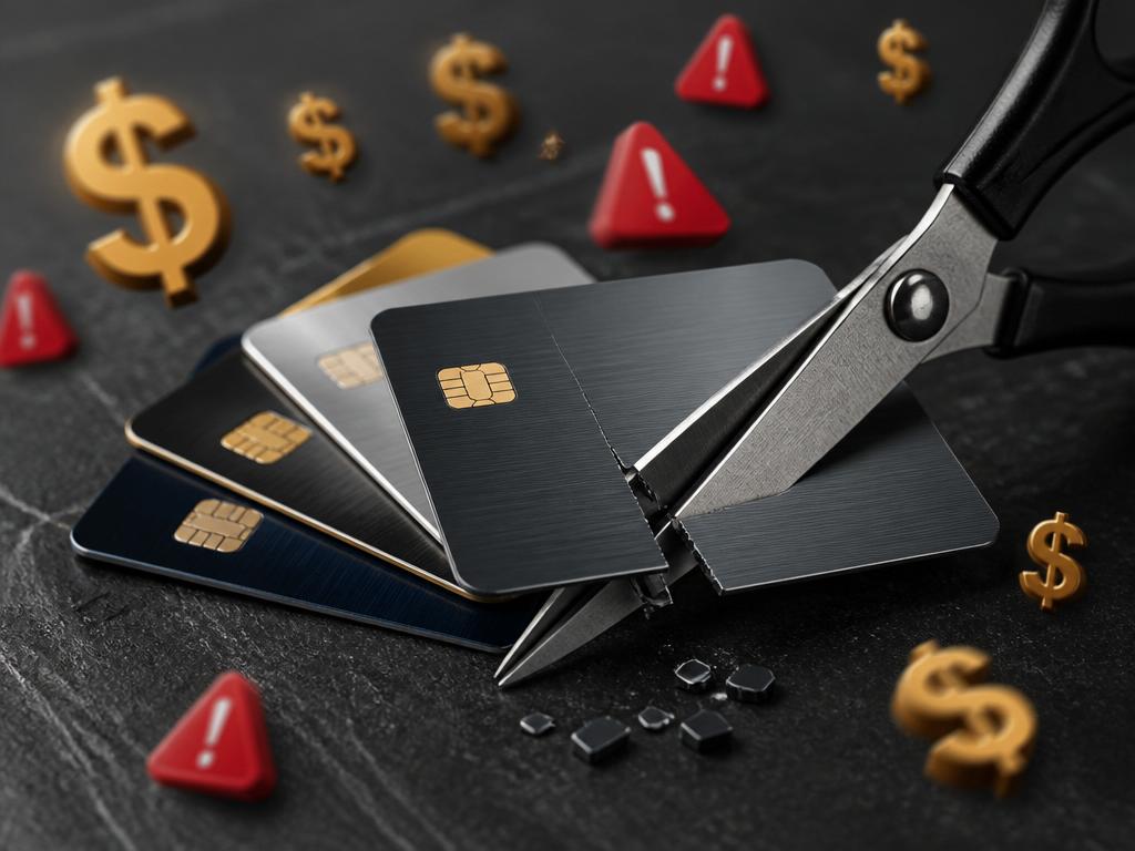 Two elegant matte green credit cards resting on a dark marble surface next to gold scissors and a coffee cup