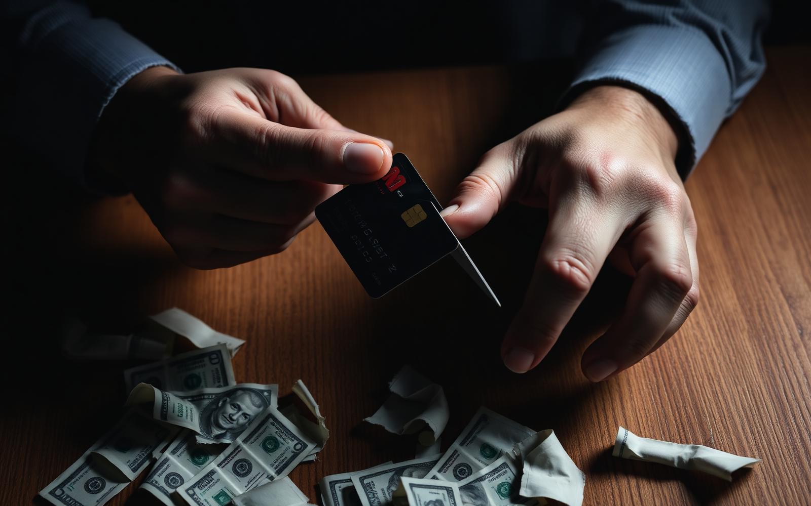 Hands cutting up a credit card above a pile of torn dollar bills, symbolising breaking free from debt