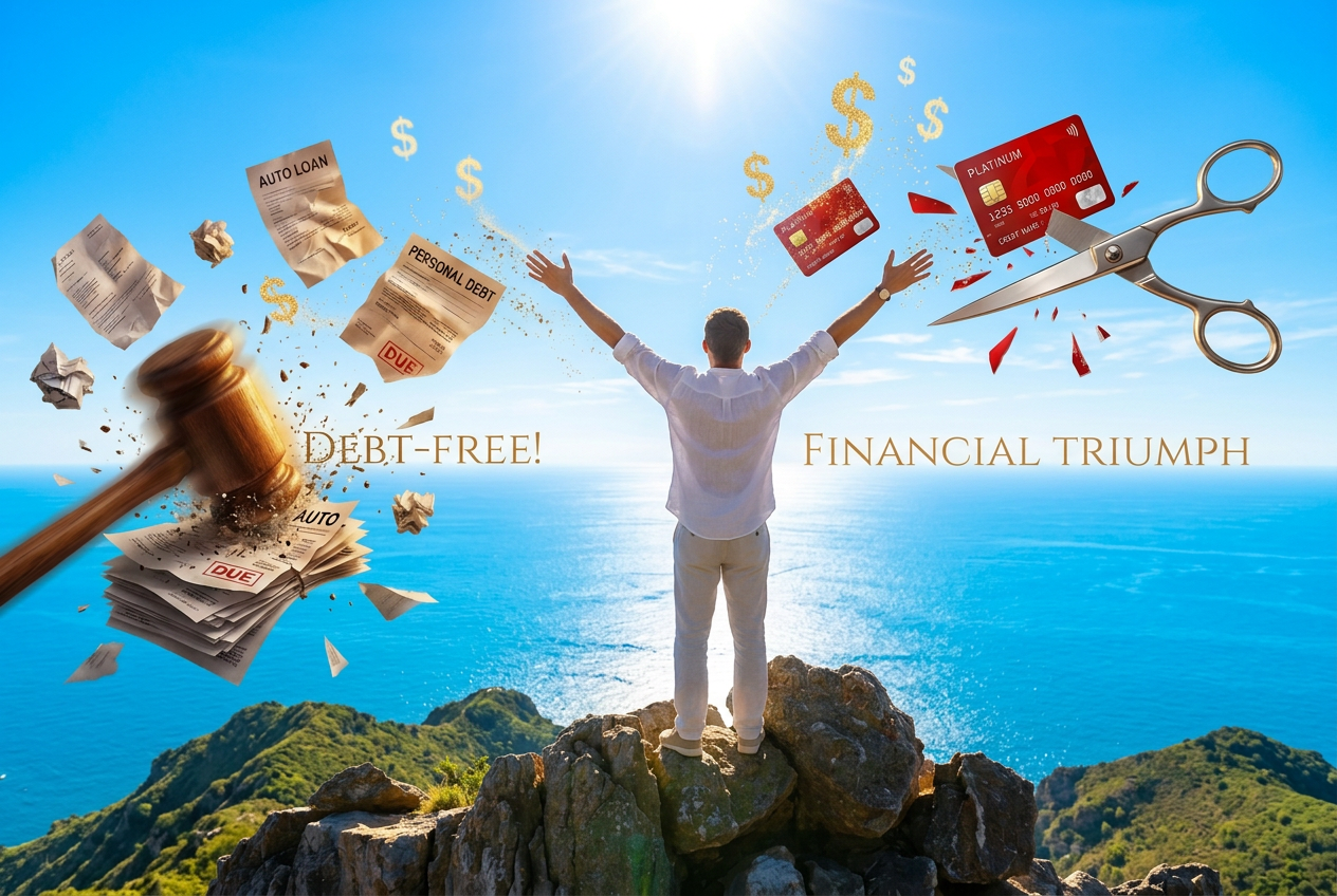 A person on a mountain summit at sunrise with arms raised, symbolising an answered prayer for freedom — www.changeyourlife.money