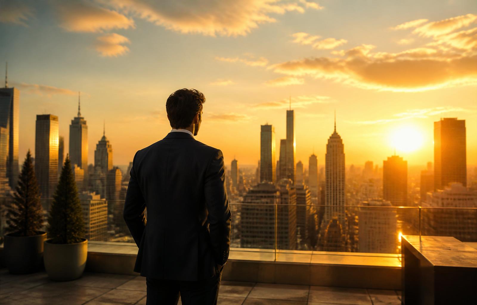 Person on a city rooftop at sunrise — a future built on financial freedom