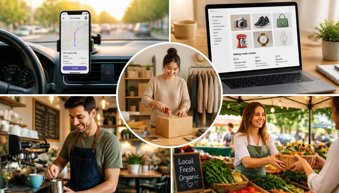A collage of income opportunities: a rideshare driver app on a phone, an online selling page on a laptop, someone packing a shipping box, a barista at work, and a weekend market stall — www.changeyourlife.money