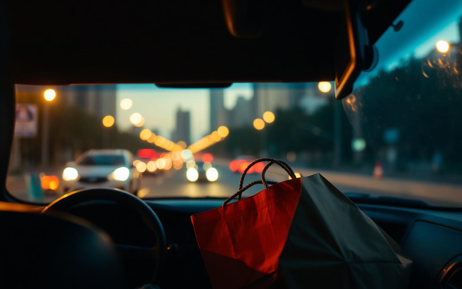 A rideshare driver at dusk with the city lights glowing on the windscreen, symbolising a fast side income