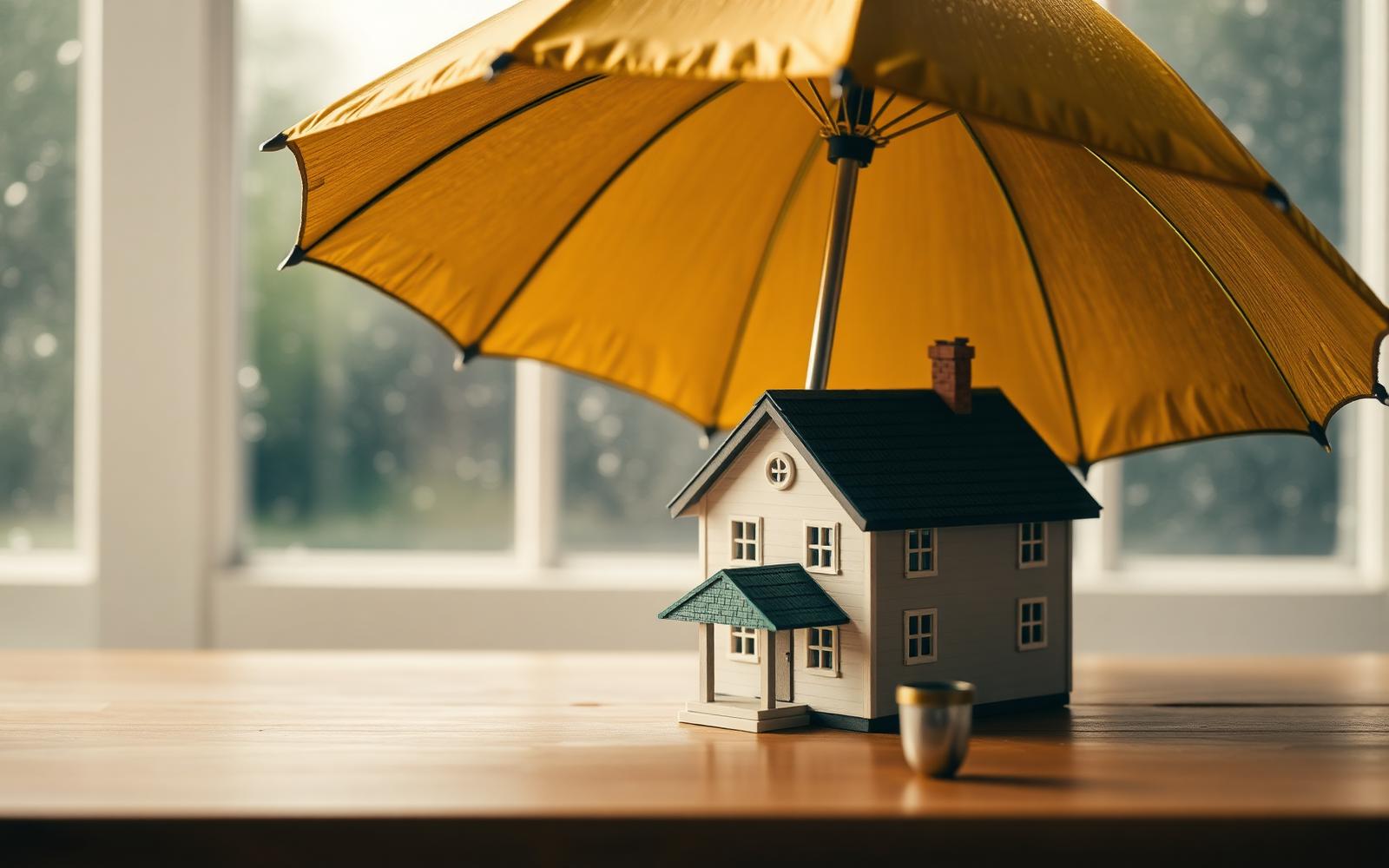 A model house sheltered under a golden umbrella on a wooden table with rain falling outside the window, symbolising insurance protection