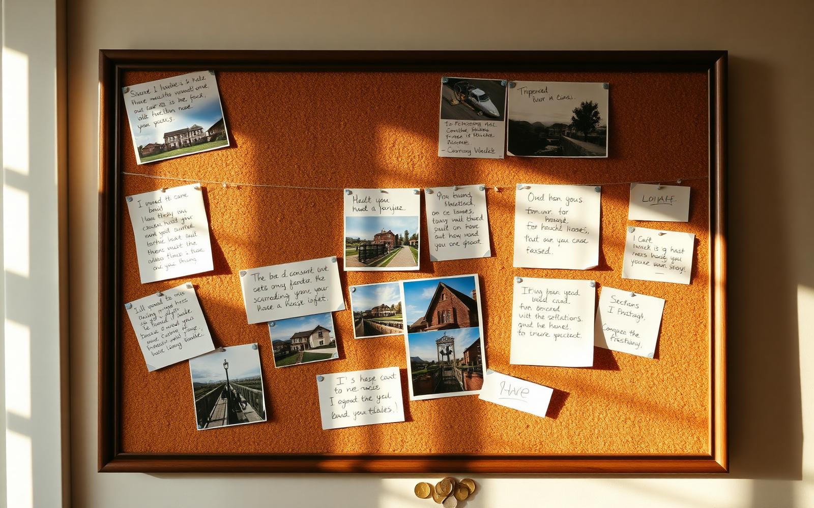 A corkboard vision board with handwritten cards, small photos, and scattered gold coins in warm morning light