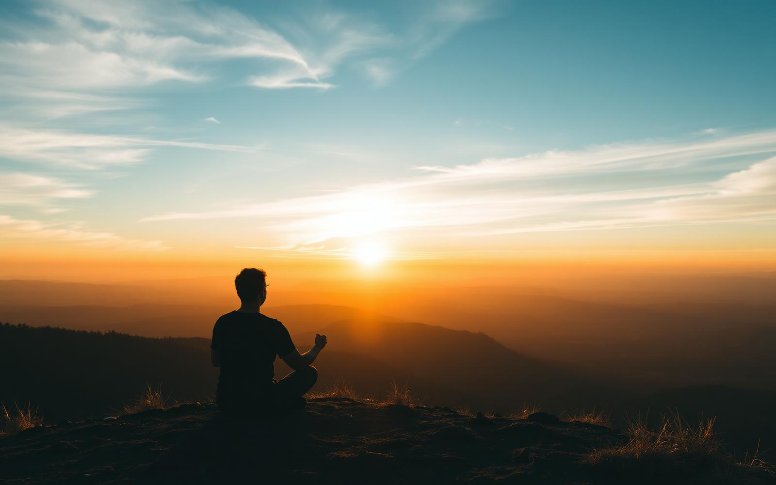 A person sitting cross-legged in meditation on a hilltop at sunrise, silhouetted against a warm sky