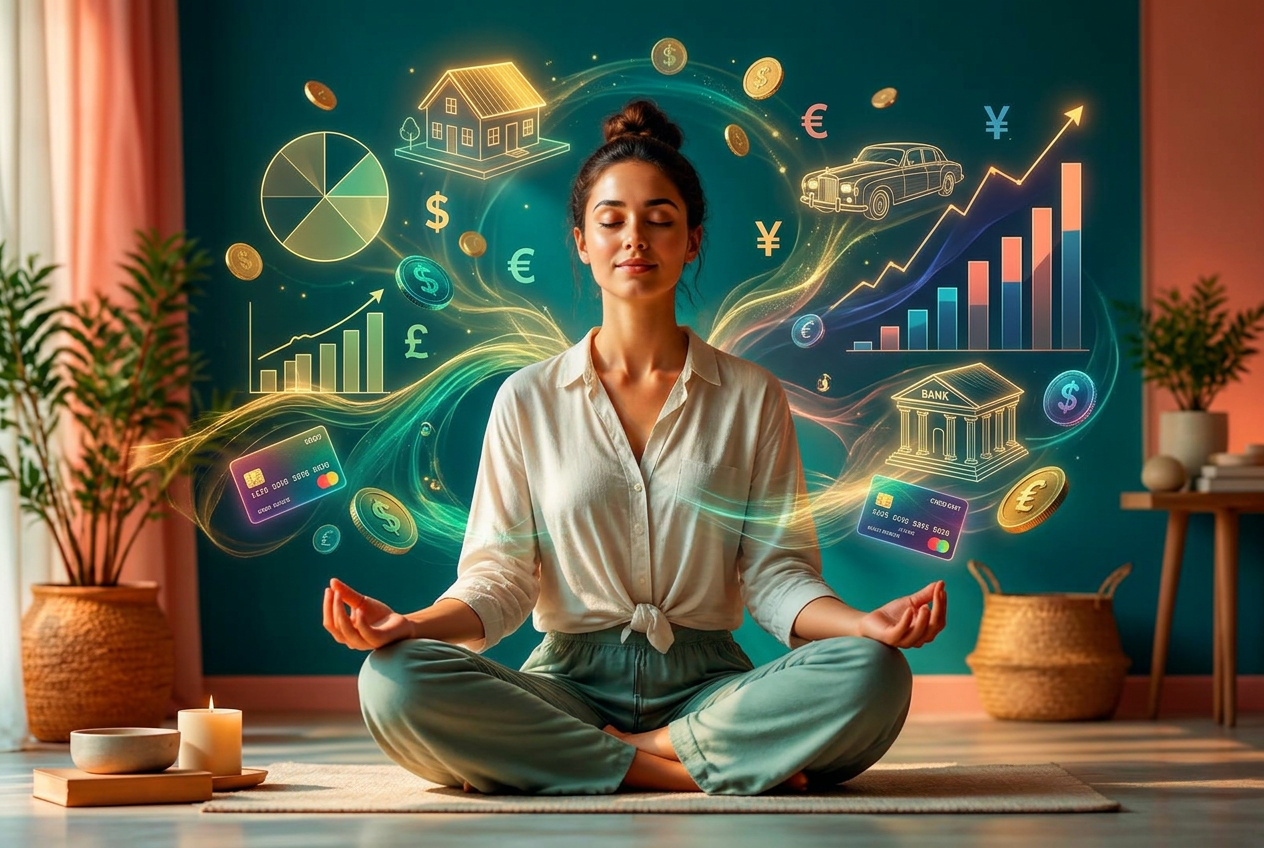 A calm person meditating indoors with colorful floating financial symbols — house, car, bank, credit cards, golden coins, and rising graphs — representing money thoughts during meditation — www.changeyourlife.money