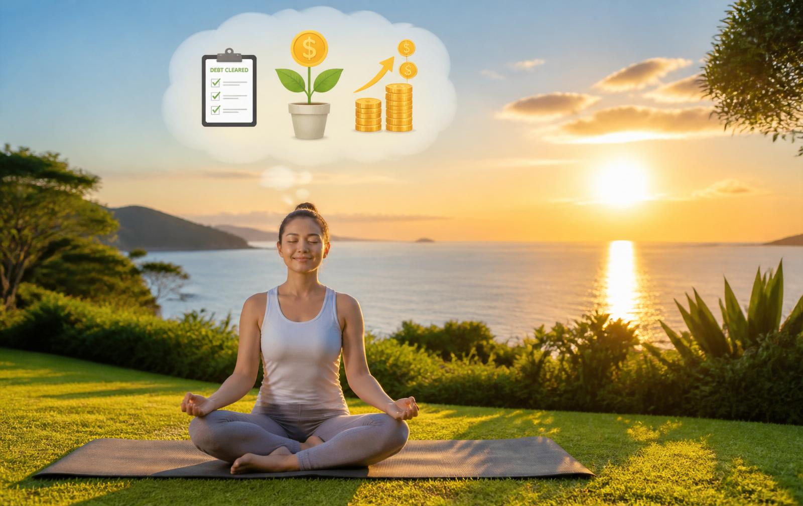 A woman meditating on a yoga mat in a park overlooking the ocean at sunrise, with a thought bubble showing debt cleared, growing money, and rising coins — www.changeyourlife.money