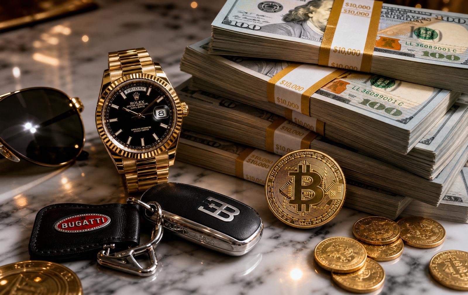 Flashy Hollywood-style wealth flat lay with big stacks of cash, a gold Rolex watch, Bugatti Veyron keys, a gold Bitcoin coin, and scattered gold coins on a bright marble surface