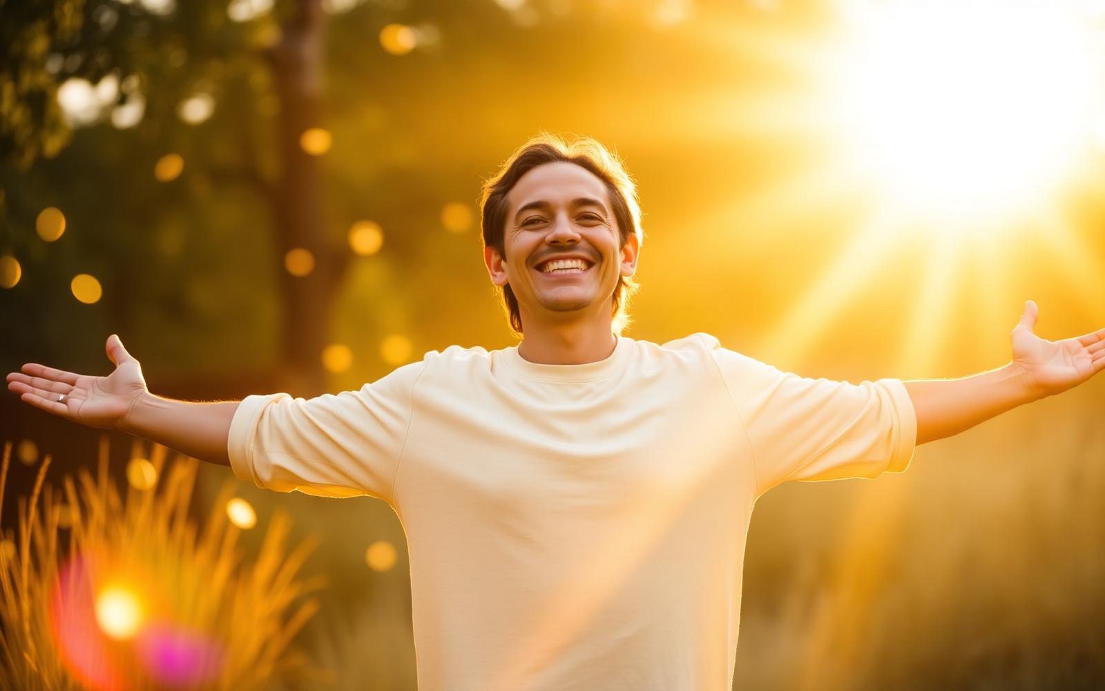 A smiling person standing in golden morning sunlight with arms open wide as streams of light and golden coins flow toward them, representing the Money Chooses Me Now abundance mindset — www.changeyourlife.money