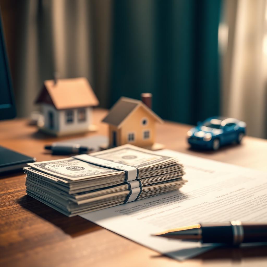 A stack of hundred dollar bills on a personal loan contract with a fountain pen, model house and car in the background — www.changeyourlife.money