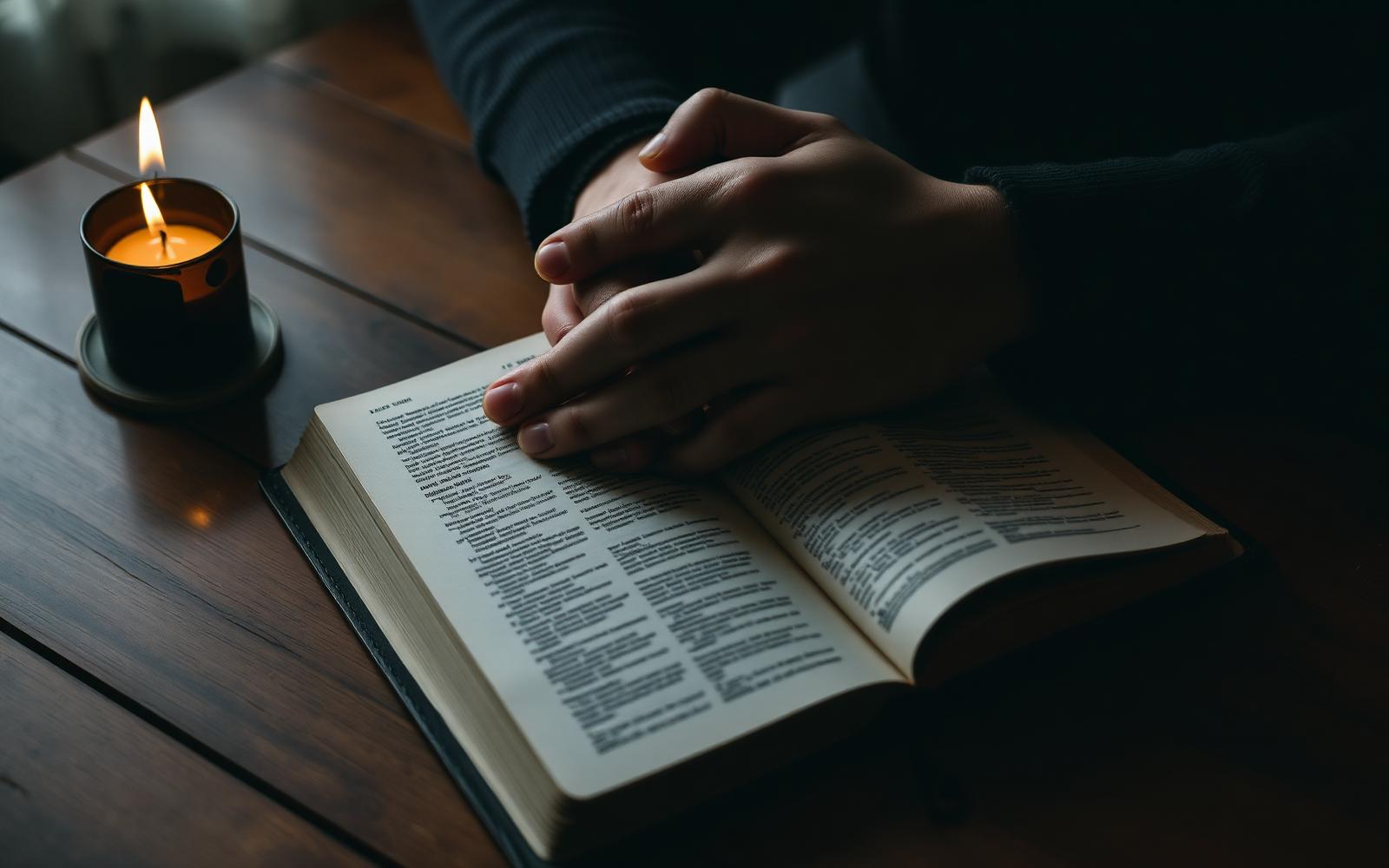 Hands clasped in prayer resting on an open Bible on a wooden table with a candle burning nearby